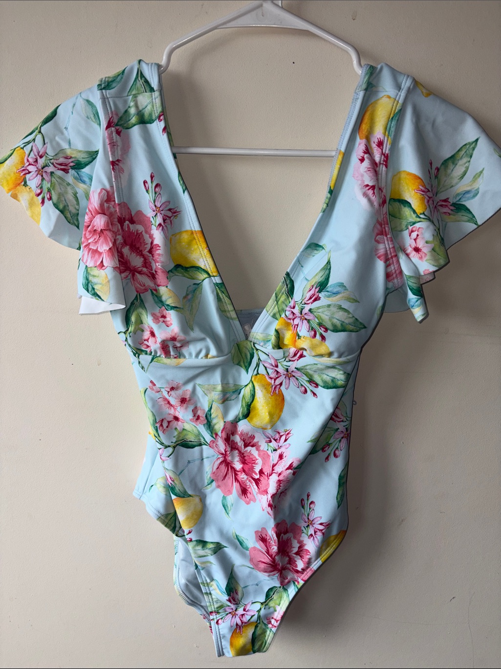 Newcupshe Light Blue Floral One-Piece Swimsuit With Pink Flowers
